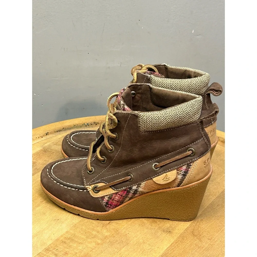 Sperry Top-Sider Wedge Boots Women 5M Brown Leather Plaid Wool Knit Ankle Bootie